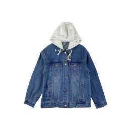 Designed fashionable hooded denim jacket, customized blue back large print, hood drawstring design, multiple pockets design, metal buttons, lapel denim jacket, denim jacket specialty store JN027 Designed fashionable hooded denim jacket, customized blue back large print, hood drawstring design, multiple pockets design, metal buttons, lapel denim jacket, denim jacket specialty store JN027